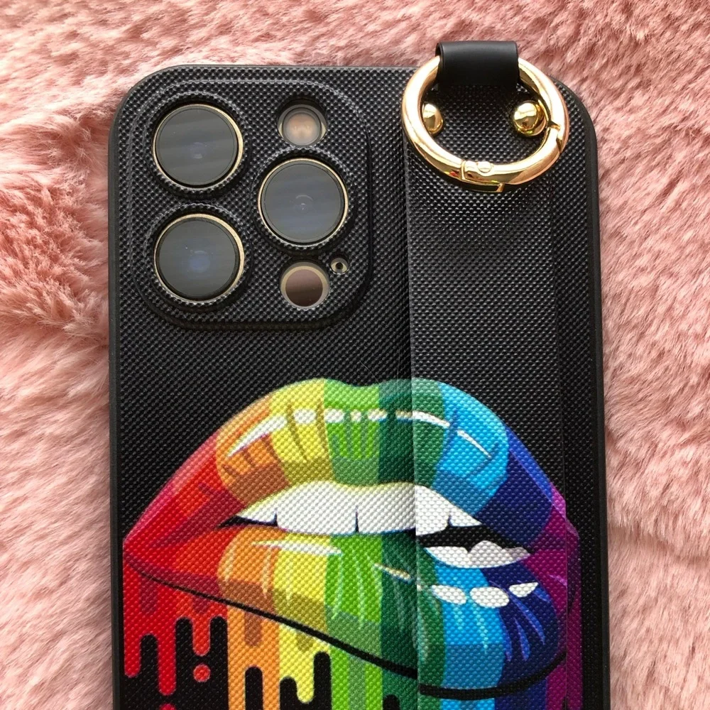 For iPhone 13 pro max phone case with wrist strap kickstand keychain lgbtq